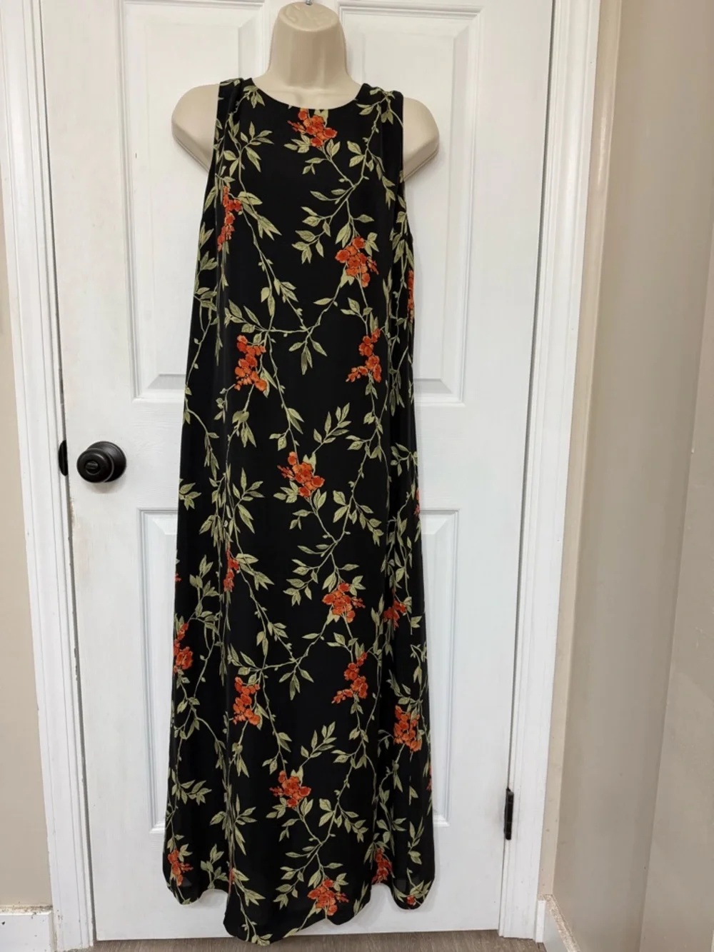 Valerie Stevens Floral Maxi Dress Black Orange Sleeveless Silk Size 10 Elegant - Picture 3 of 11